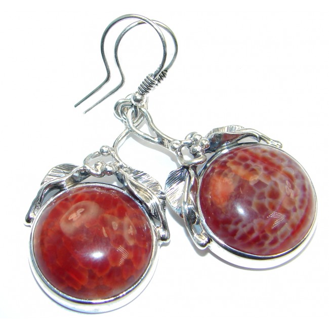 Great Floral Design Orange Mexican Agate Sterling Silver handmade earrings
