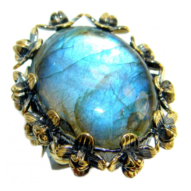 Huge Beautiful Fire Labradorite Gold plated over Sterling Silver Ring size 7