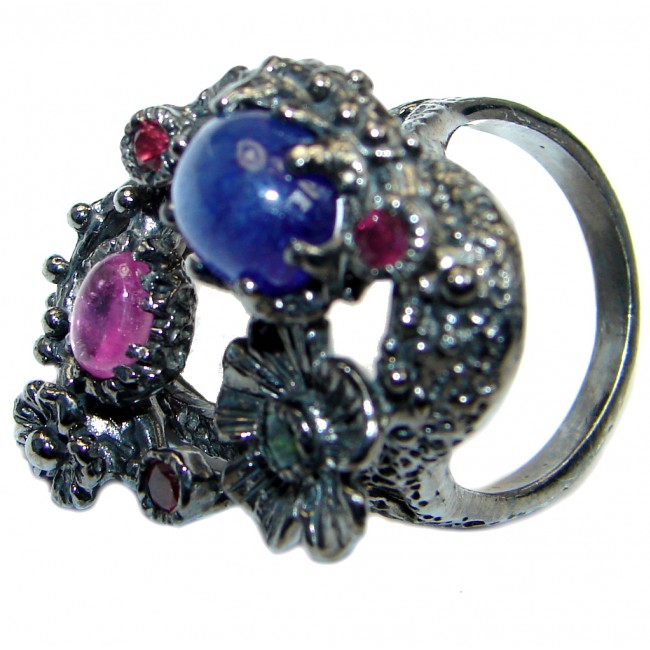 Fine Art natural Sapphire Ruby Emerald Rhodium Plated over Sterling Silver Ring s. 7 1/2