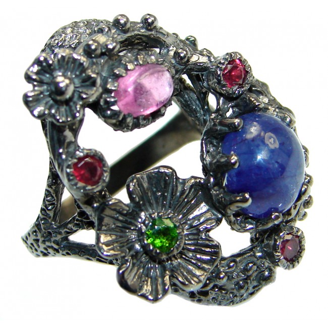 Fine Art natural Sapphire Ruby Emerald Rhodium Plated over Sterling Silver Ring s. 7 1/2
