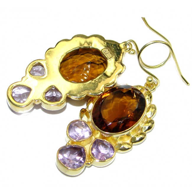 Long Smoky Quartz Amethyst Gold plated over Sterling Silver handmade earrings