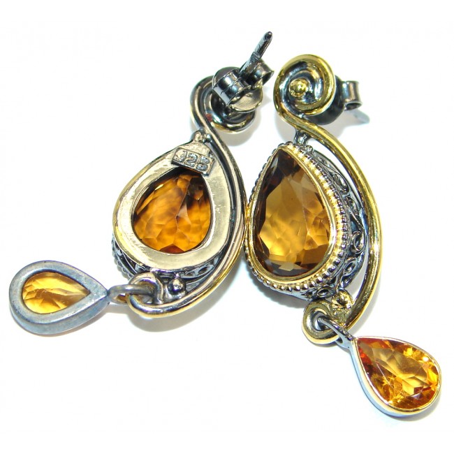 Long Smoky Quartz Citrine Gold plated over Sterling Silver handmade earrings
