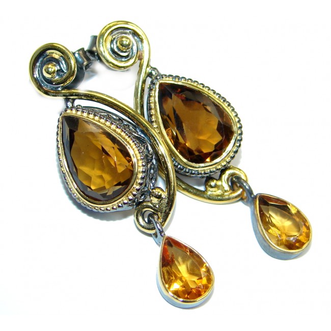 Long Smoky Quartz Citrine Gold plated over Sterling Silver handmade earrings