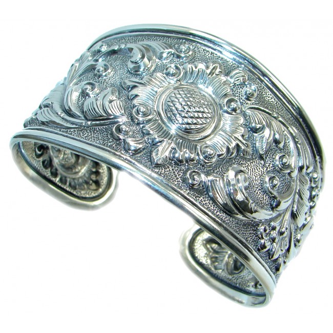 Large Floral Design handcrafted Sterling Silver Bracelet / Cuff