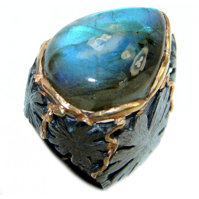 Huge Beautiful Fire Labradorite Rhodium Gold plated over Sterling Silver Ring size 7