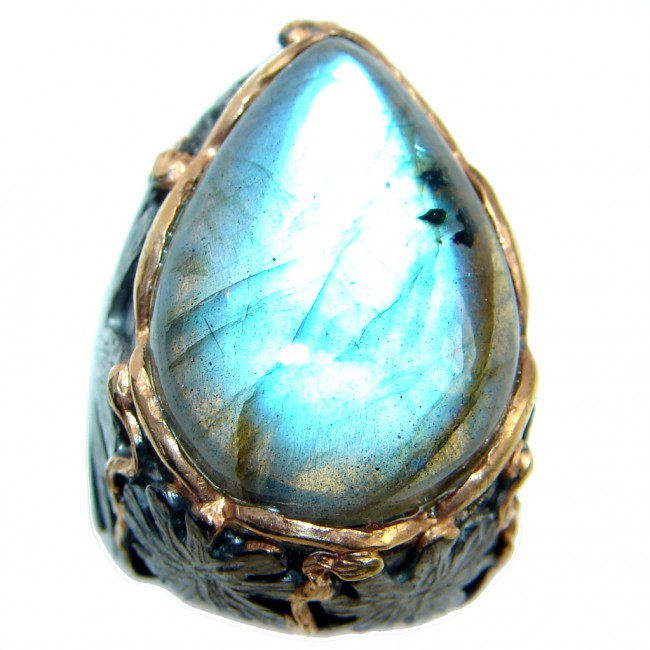 Huge Beautiful Fire Labradorite Rhodium Gold plated over Sterling Silver Ring size 7