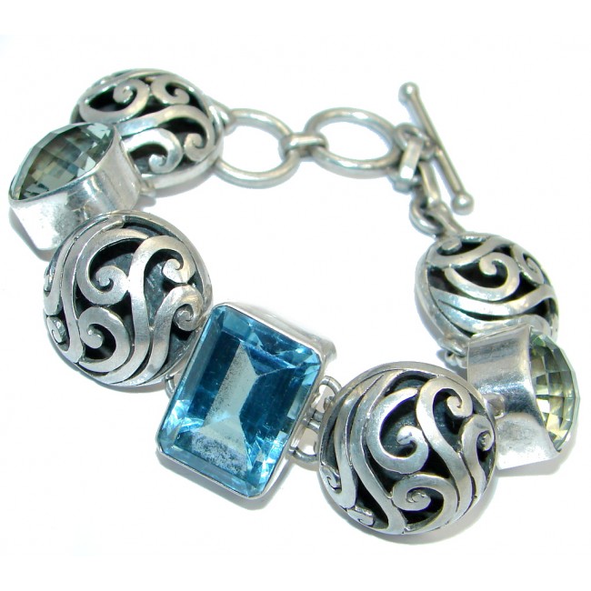 Authentic Blue Topaz Green Amethyst Sterling Silver handmade Bracelet