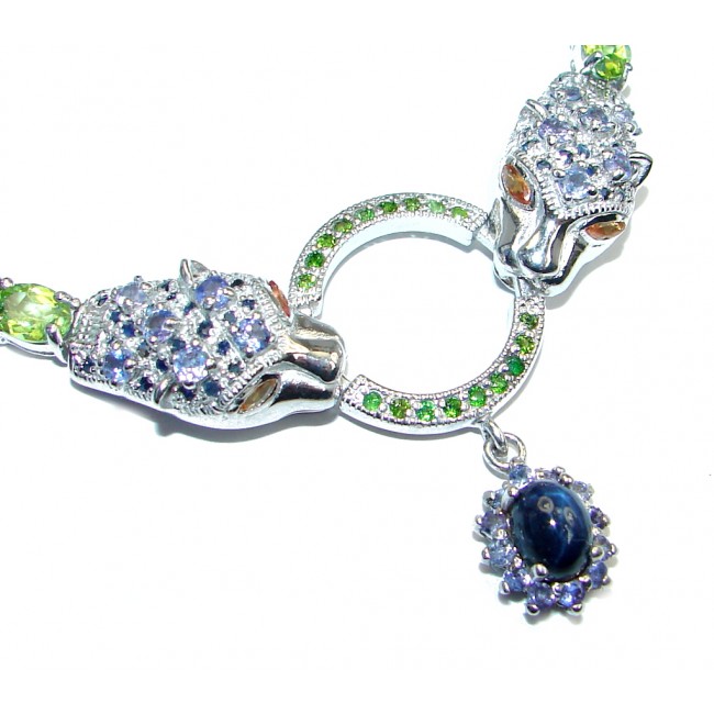 Breathtaking Star Blue Sapphire Diffusion & Gems 925 Silver Two Tigers Necklace