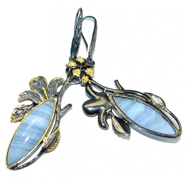 Long 3 1/8 inches long Blue Lace Agate Gold Rhodium PLated over Sterling Silver earrings