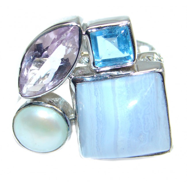 Delicate Light Blue Lace Agate Sterling Silver Ring s. 7
