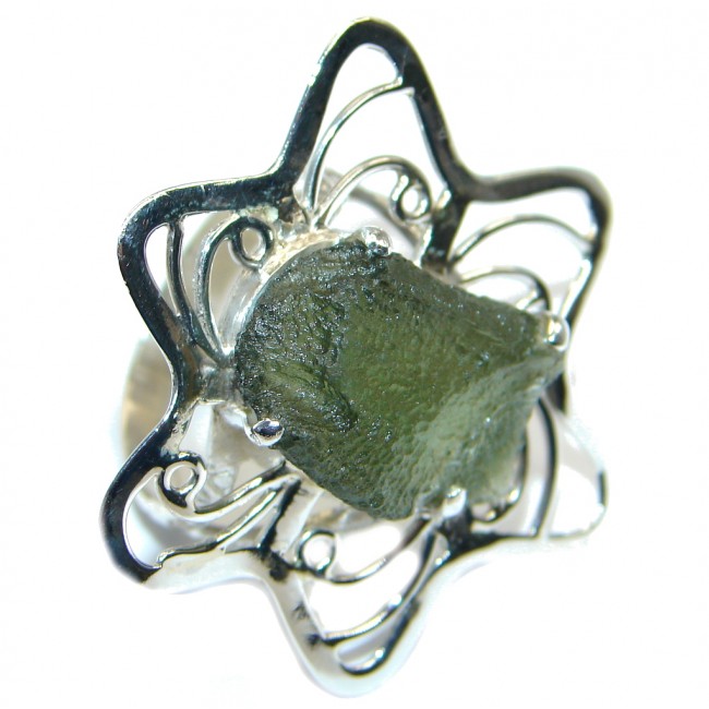 Large Green Moldavite From Czech Republic Sterling Silver Ring s. 8