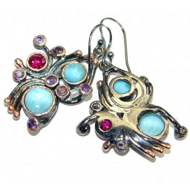 Precious Blue Larimar Garnet Gold plated over Sterling Silver handmade earrings