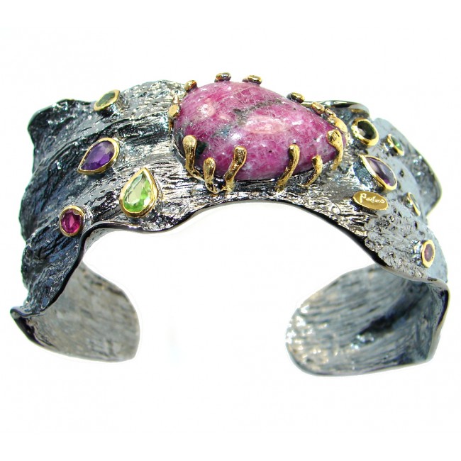 One of the kind GENUINE Eudialyte Oxidized Gold plated over Sterling Silver Bracelet / Cuff