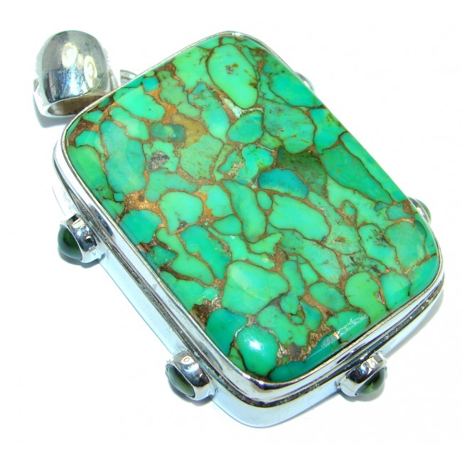 Huge Green Copper vains Turquoise Peridot Sterling Silver habndmade Pendant