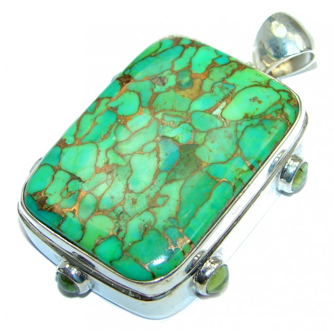 Huge Green Copper vains Turquoise Peridot Sterling Silver habndmade Pendant