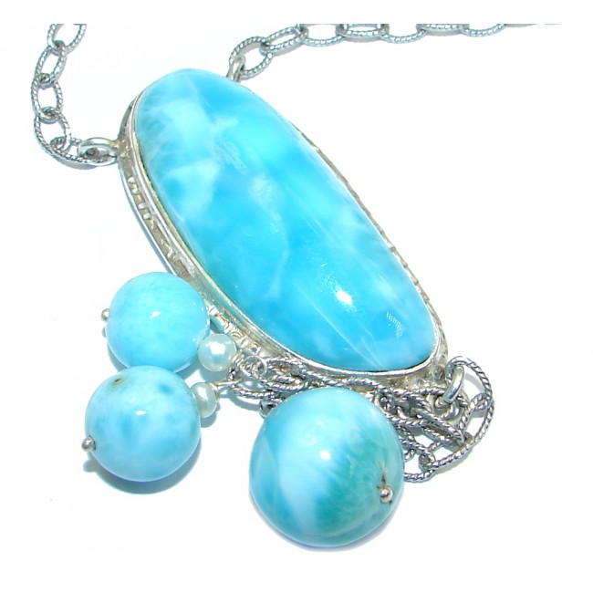 Great Masterpiece Natural Blue Larimar Pearl Oxidized Sterling Silver handmade necklace