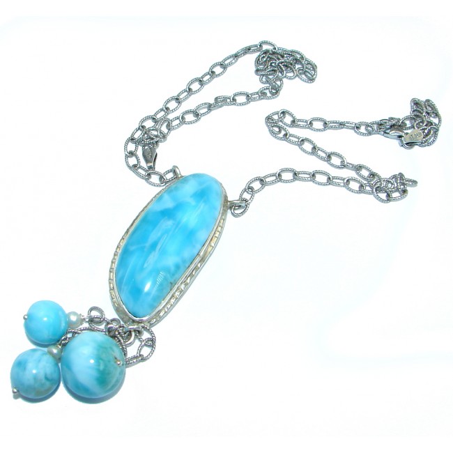 Great Masterpiece Natural Blue Larimar Pearl Oxidized Sterling Silver handmade necklace