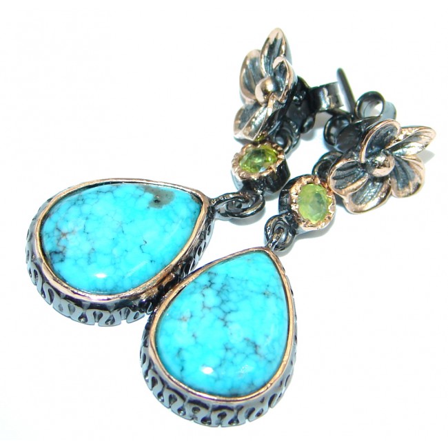 Genuine Blue Turquoise Peridot Two Tones Sterling Silver handmade stud earrings