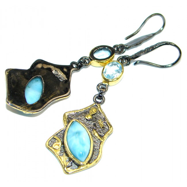 Precious Blue Larimar Gold plated over Sterling Silver handmade earrings