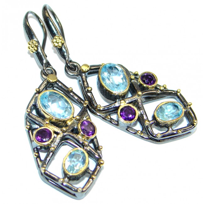 Genuine Swiss Blue Topaz Gold plated over Sterling Silver Handmade earrings