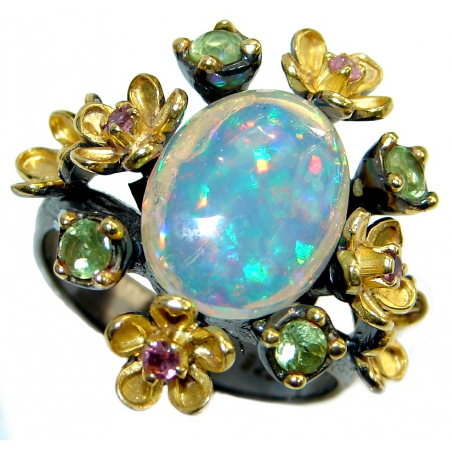Natural 15.6ct Ethiopian Opal Peridot Pink Topaz 18ct Gold Rhodium plated over Sterling Silver ring size 8