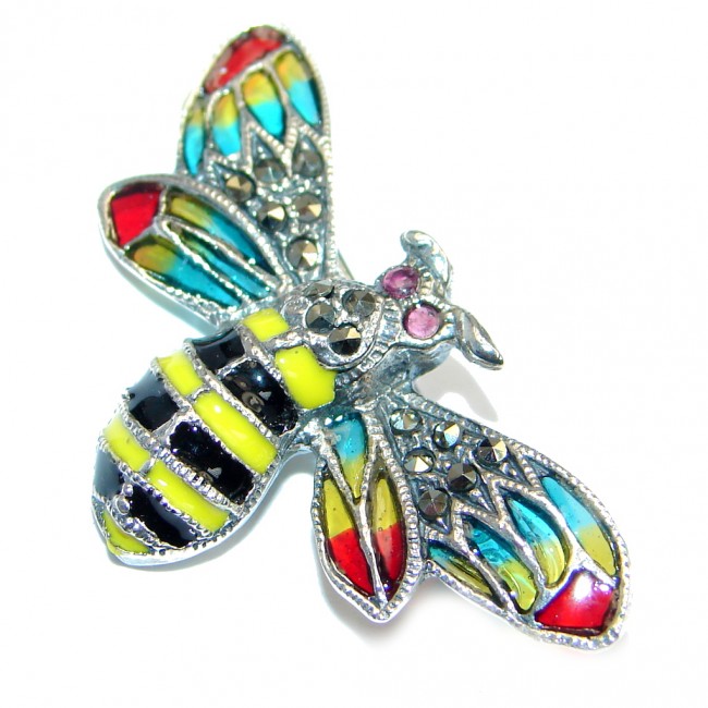 Awesome Natural Red Pink Ruby Marcasite 925 Sterling Silver Enamel Bee Brooch