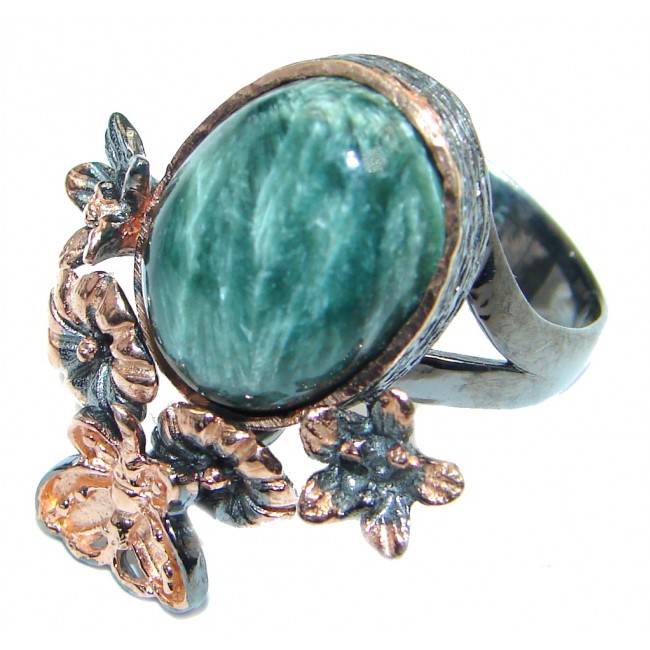 Huge great quality Green Seraphinite Rose Gold plated Sterling Silver Ring size 8