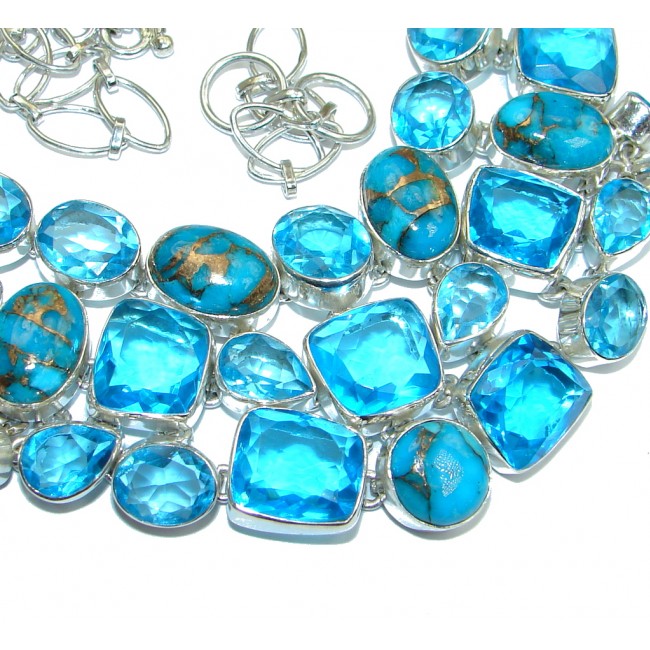 Unusal Style genuine Copper Turquoise lab. Blue Topaz Sterling Silver handmade necklace