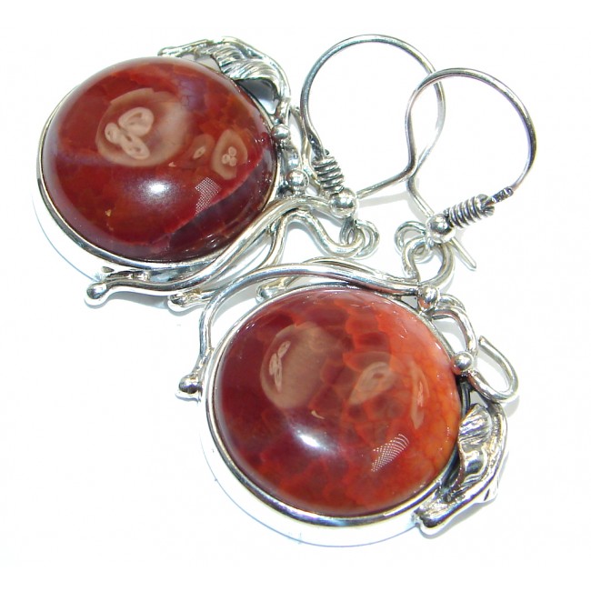 Fancy Design Orange Mexican Fire Agate Sterling Silver handmade earrings