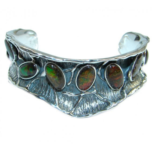 Natural AAA+ Canadian Ammolite from Aurora Ammolite Mine in Alberta Two Tones Sterling Silver handmade Bracelet