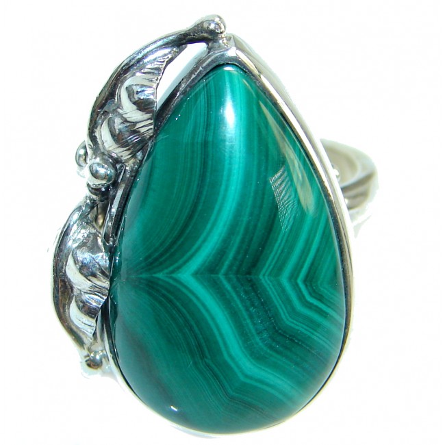 Natural great quality Malachite Sterling Silver handcrafted ring size 7 adjustable