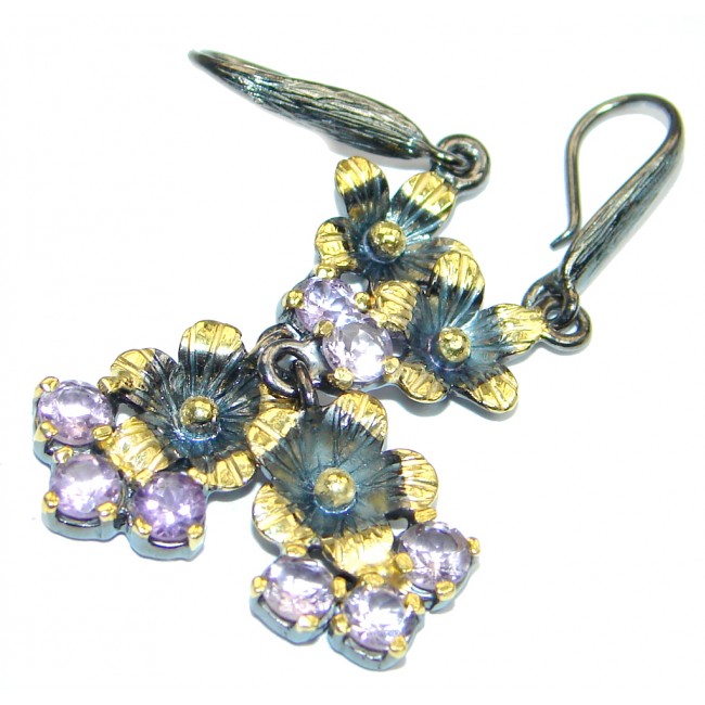 Floral design Natural Amethyst gold plated over Sterling Silver handmade earrings