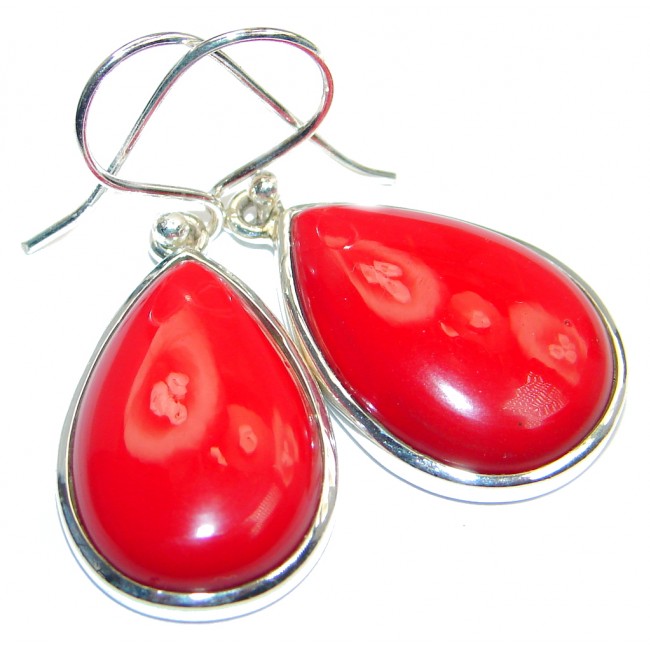 Large Red Fossilized Coral Sterling Silver handmade earrings