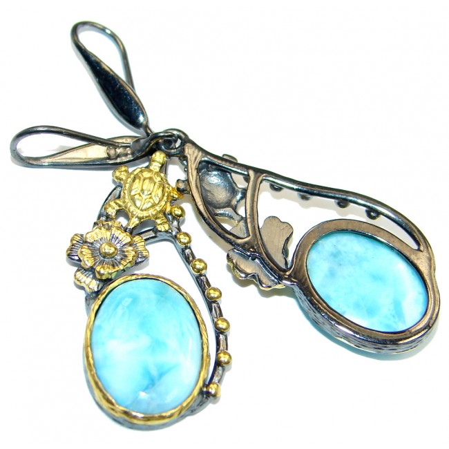 Sea Turtles Blue Larimar Gold Plated Sterling Silver handmade earrings