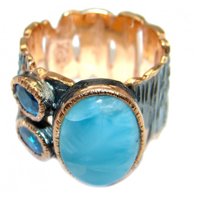 Larimar Gold plated over Oxidized Sterling Silver handmade Ring size 7