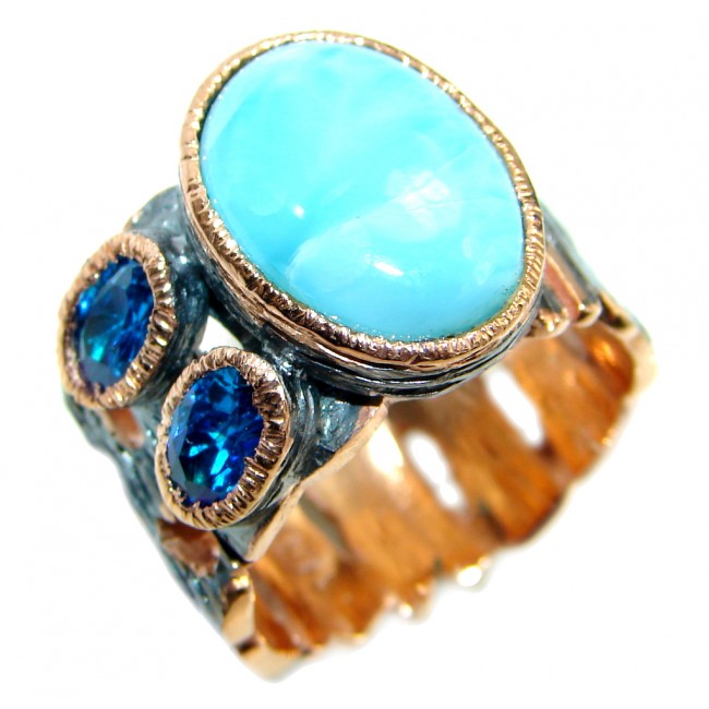 Larimar Gold plated over Oxidized Sterling Silver handmade Ring size 7