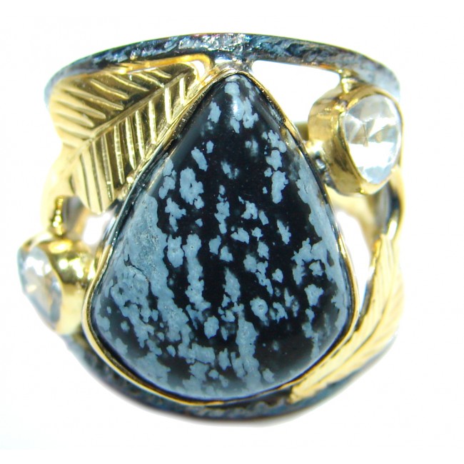 Black Snowflake Obsidian Gold Rhodium plated over Sterling Silver ring s. 6