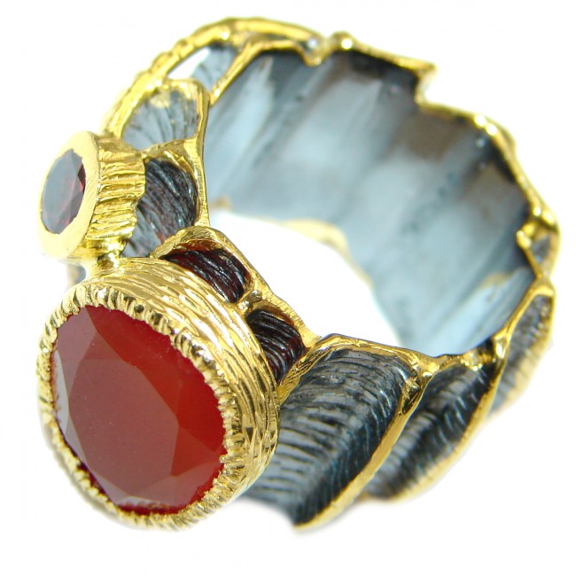 Huge Genuine Carnelian Gold Rhodium plated over Sterling Silver Ring size 7 1/4