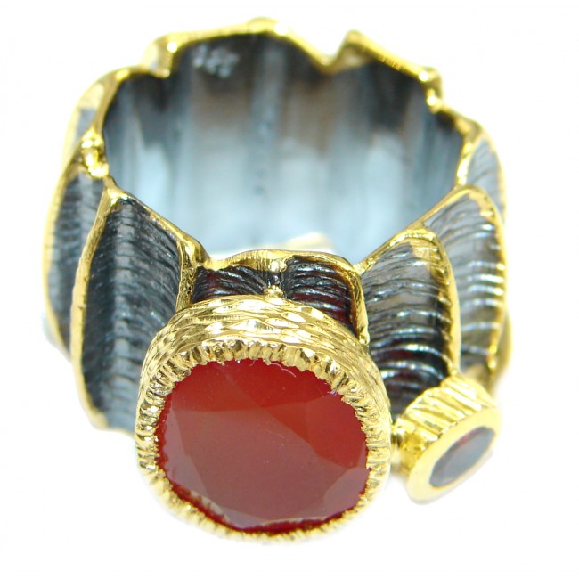Huge Genuine Carnelian Gold Rhodium plated over Sterling Silver Ring size 7 1/4