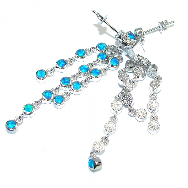 Posh Long Luxury Lab Blue Japanese Fire Opal Sterling Silver stud earrings