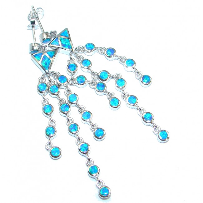Posh Long Luxury Lab Blue Japanese Fire Opal Sterling Silver stud earrings