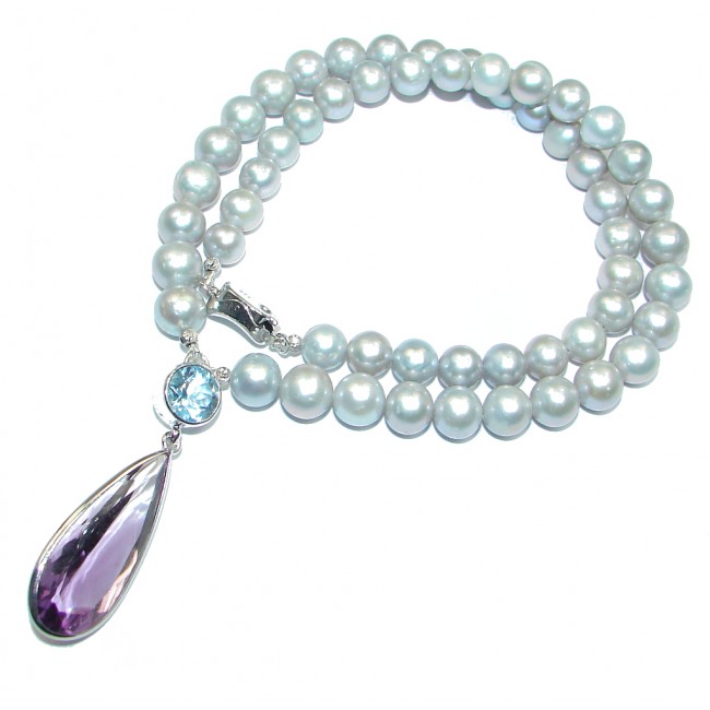 Ravishing Amethyst Pearl Sky Blue Topaz 925 Sterling Silver Necklace 18 Inches long