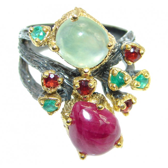 Unique design genuine Ruby Prehnite Gold plated over Sterling Silver ring; s. 7