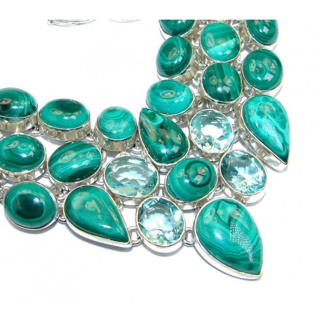 Huge Aura Of Beauty Green Malachite lab. Aquamarie Sterling Silver handcrafted necklace