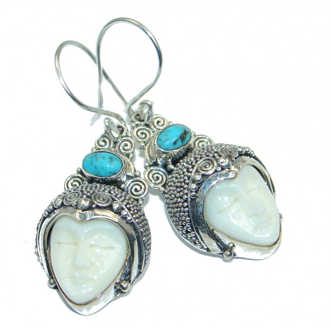 Carved Ox Bone Turquoise Sterling Silver handmade earrings