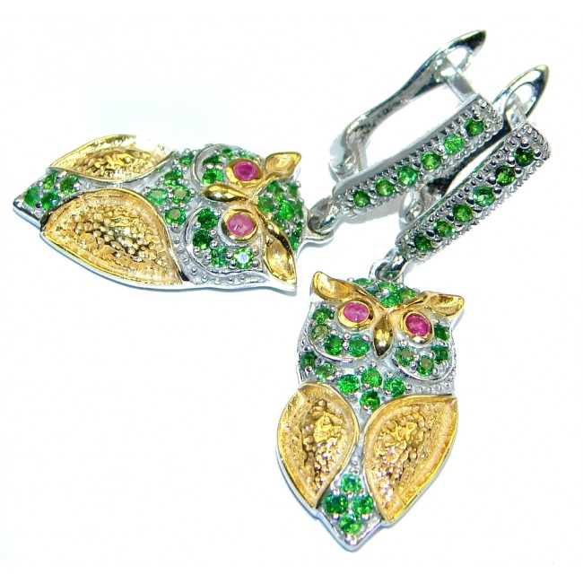 Awesome Natural Top Green Chrome Diopside Ruby 925 Sterling Silver Owl Earrings
