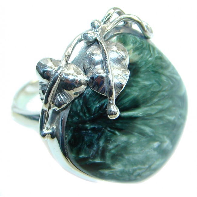 Huge AAA quality Green Seraphinite Sterling Silver Ring size 8 adjustable