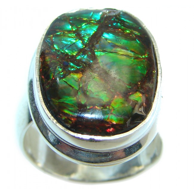 Twilight Zone Fire Genuine Canadian Ammolite Sterling Silver handmade ring size 7 adjustable