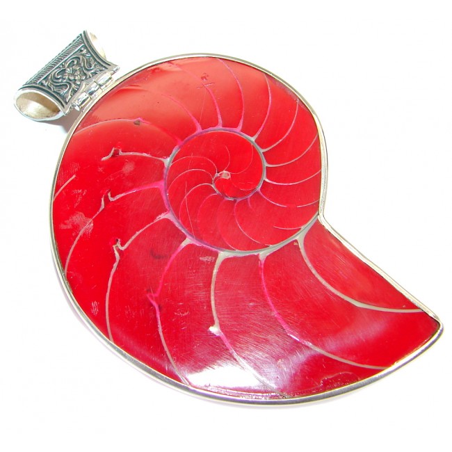 Huge 4 inch long Red Ocean Shell Sterling Silver handmade Pendant