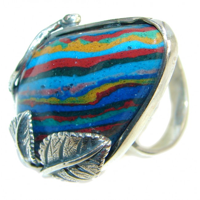 Blue Rainbow Calsilica Sterling Silver handcrafted ring size 7 adjustable